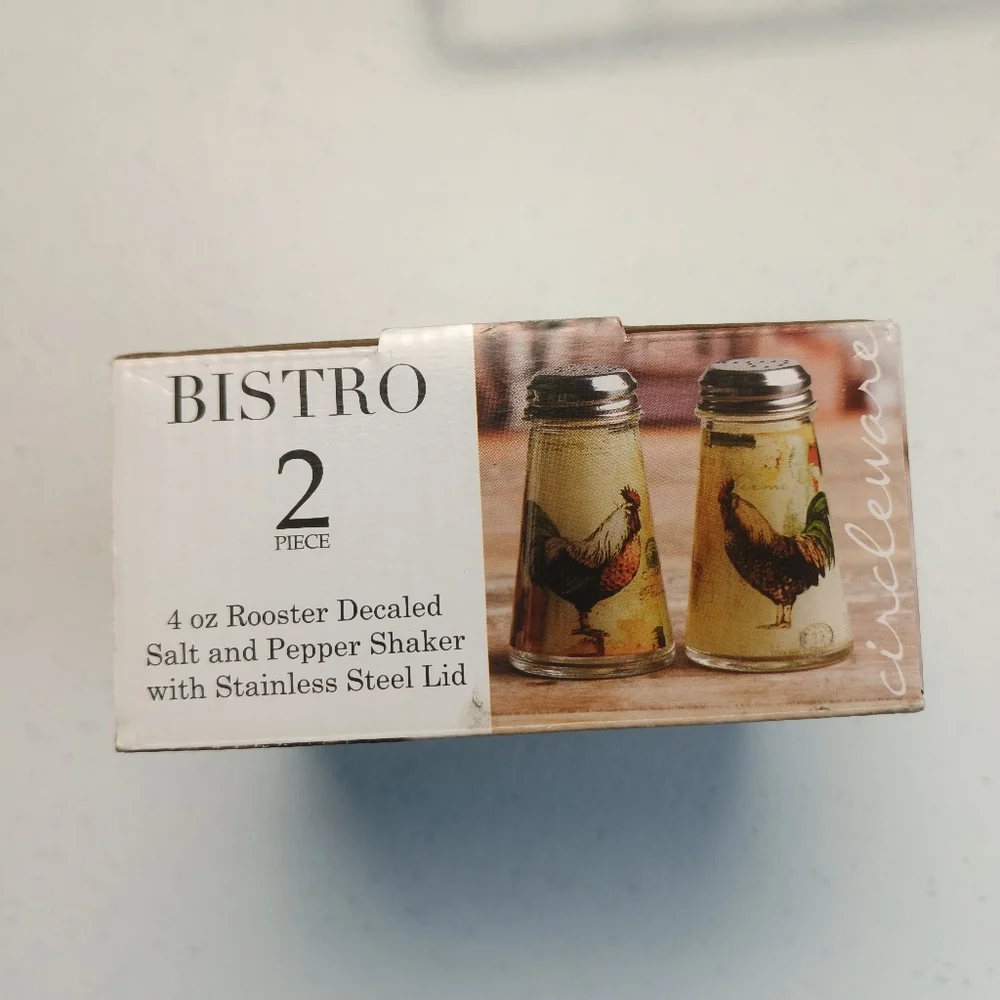BISTRO SET OF SALT, PEPPER, tablecloth, and napkin‎ holder WITH ROOSTER DECALS